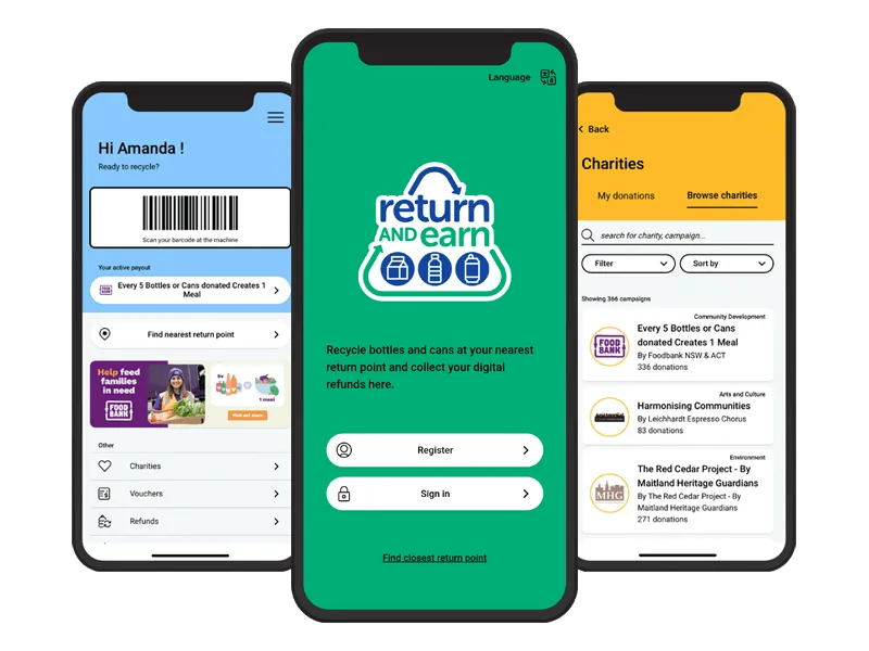 - TOMRA Cleanaway Screenshots of the Return and Earn app for the NSW container deposit scheme
